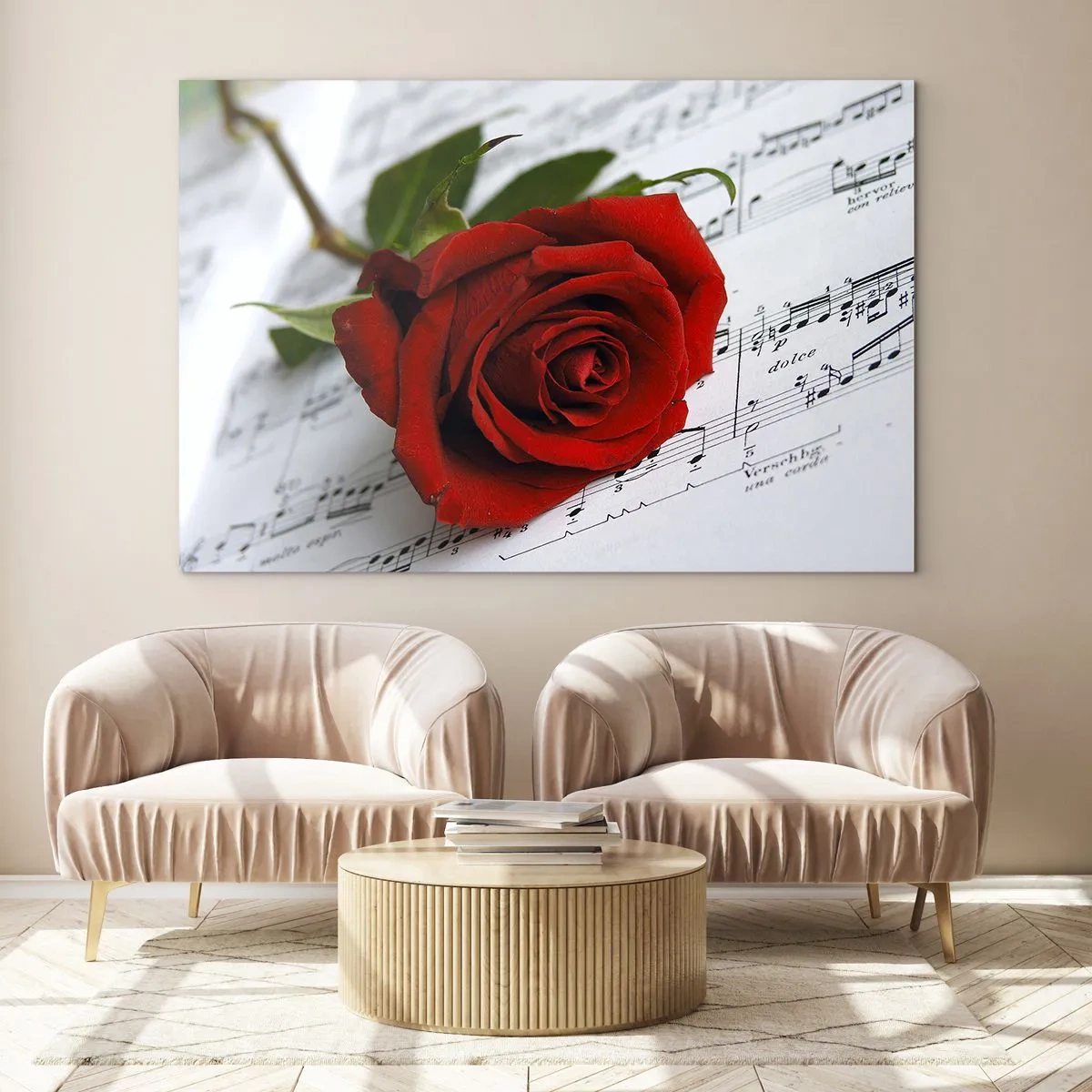 Cuadro sobre vidrio - Impresiones sobre Vidrio - Una rosa roja sobre un fondo de notas musicales. - 100x70cm - La música de los sentimientos en escarlata - Decoración de pared moderna para salón y dormitorio ARTTOR