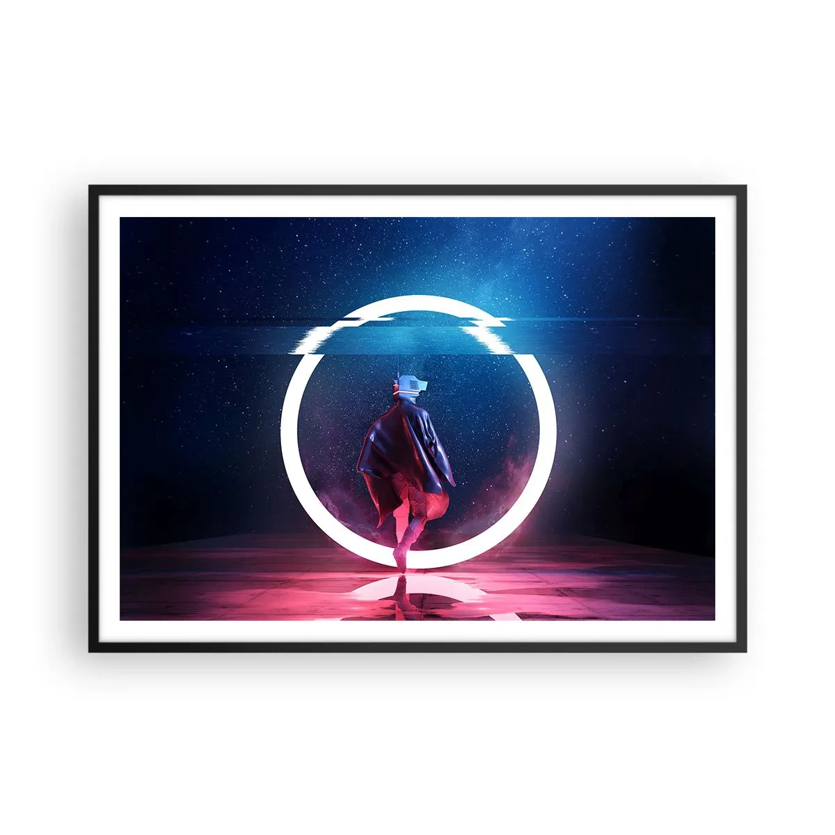Póster en marco negro - Un personaje en un entorno futurista con un círculo de neón. - 100x70cm - Entre mundos - Decoración de pared moderna para salón y dormitorio ARTTOR
