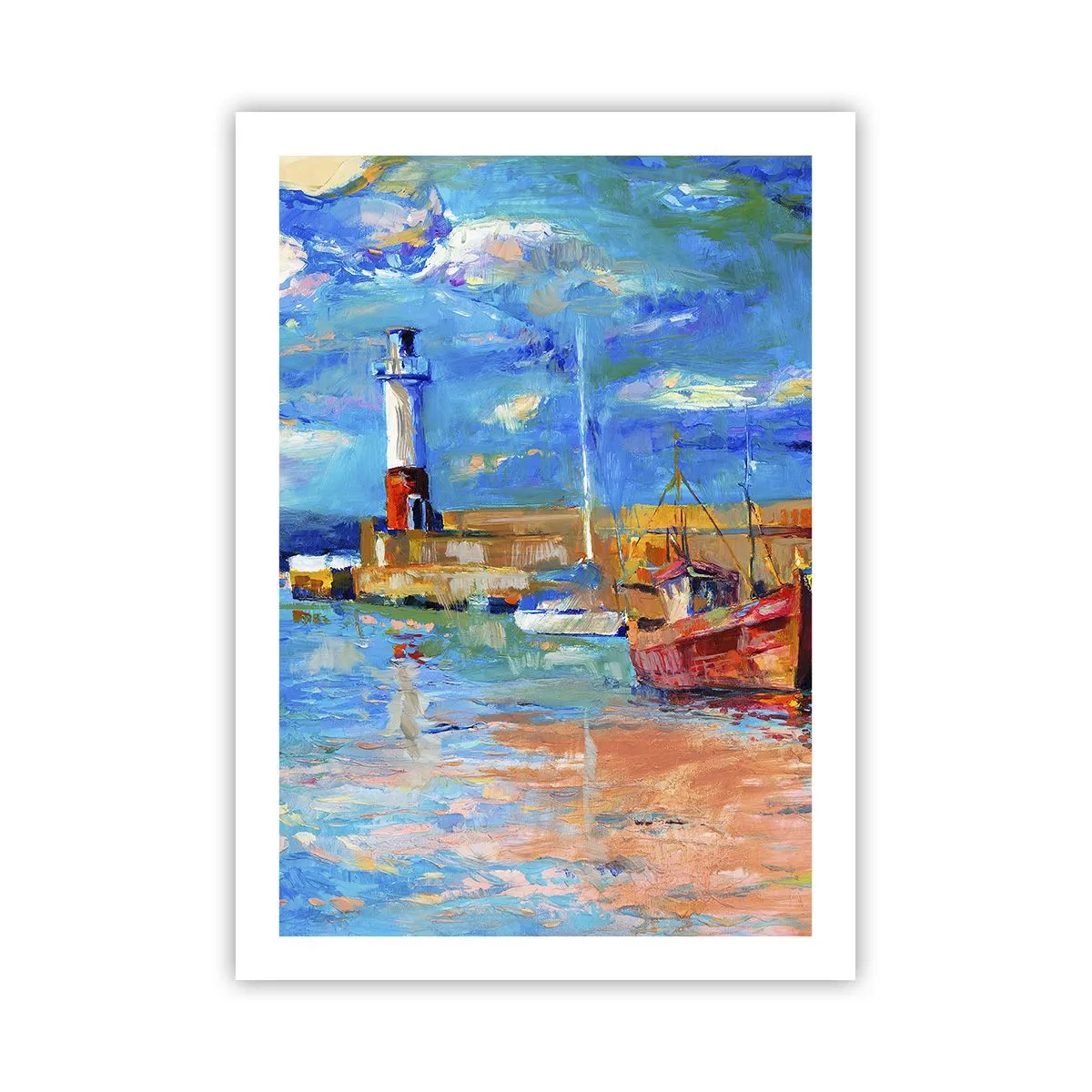 Póster - Un puerto pintoresco con un faro y barcos amarrados. - 50x70cm - Tarde en la bahía del arco iris - Decoración de pared moderna para salón y dormitorio ARTTOR