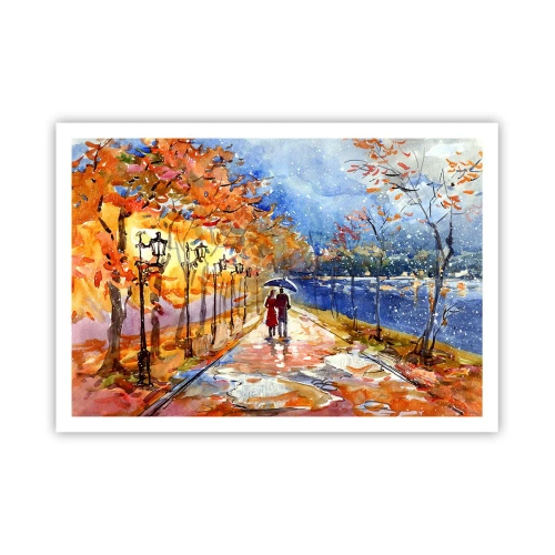 Póster - Un paseo otoñal por el parque a orillas del río bajo una sombrilla. - 100x70cm - Juntos hasta el límite del tiempo - Decoración de pared moderna para salón y dormitorio ARTTOR
