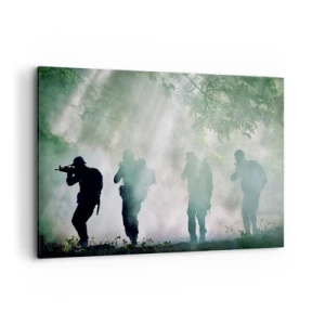 Cuadro sobre lienzo - Impresión de Imagen - Siluetas de soldados en un bosque rodeado de niebla. - 120x80cm - Uno para todos... - Decoración de pared moderna para salón y dormitorio ARTTOR