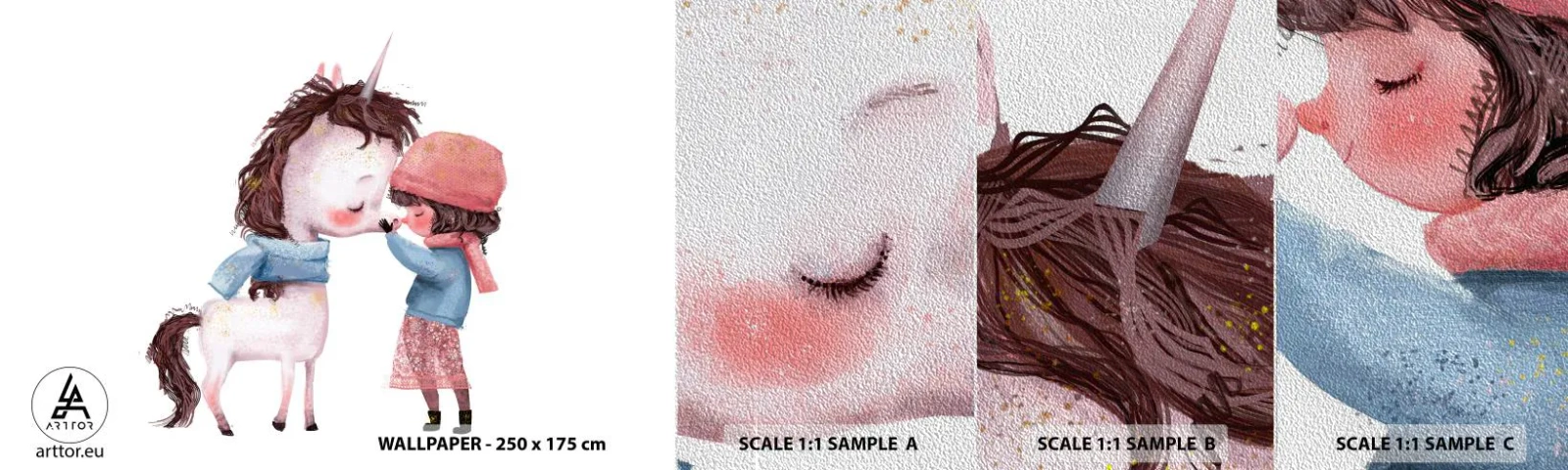 Muestra de fotomural Premium Sand - Un cuento de invierno - Para niños, Unicornio, Chica - 100x30 cm