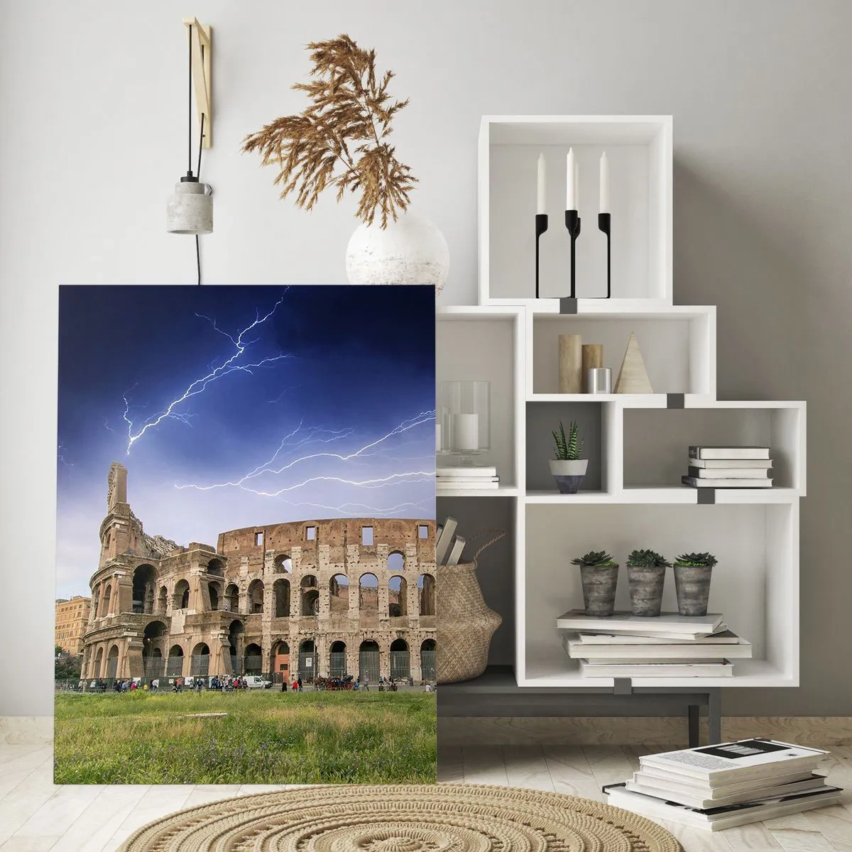 Cuadro sobre vidrio - Impresiones sobre Vidrio - El Coliseo de Roma iluminado por un rayo - 80x120cm - Arena de guerreros - Decoración de pared moderna para salón y dormitorio ARTTOR