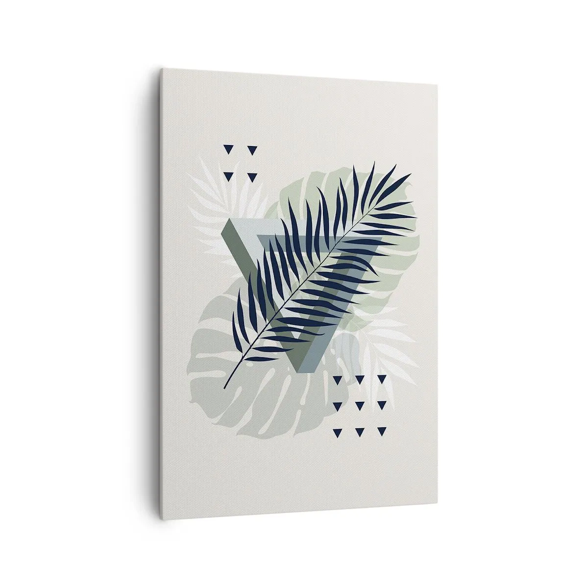 Cuadro sobre lienzo - Impresión de Imagen - Composición geométrica con hojas tropicales en tonos verdes. - 70x100cm - Naturaleza y geometría - Decoración de pared moderna para salón y dormitorio ARTTOR