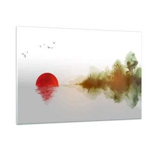 Cuadro sobre vidrio - Impresiones sobre Vidrio - Sol rojo sobre el agua y el contorno del bosque. - 120x80cm - Una promesa de paz - Decoración de pared moderna para salón y dormitorio ARTTOR