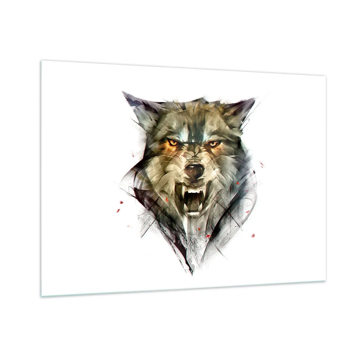 Cuadro sobre vidrio - Impresiones sobre Vidrio - Un gráfico de un lobo amenazante con la boca abierta y una mirada intensa. - 100x70cm - ¡No te muevas! - Decoración de pared moderna para salón y dormitorio ARTTOR