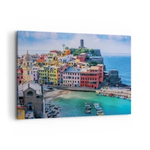 Cuadro sobre lienzo - Impresión de Imagen - Un colorido pueblo costero con un pintoresco puerto. - 120x80cm - Pueblo mágico del Mediterráneo - Decoración de pared moderna para salón y dormitorio ARTTOR