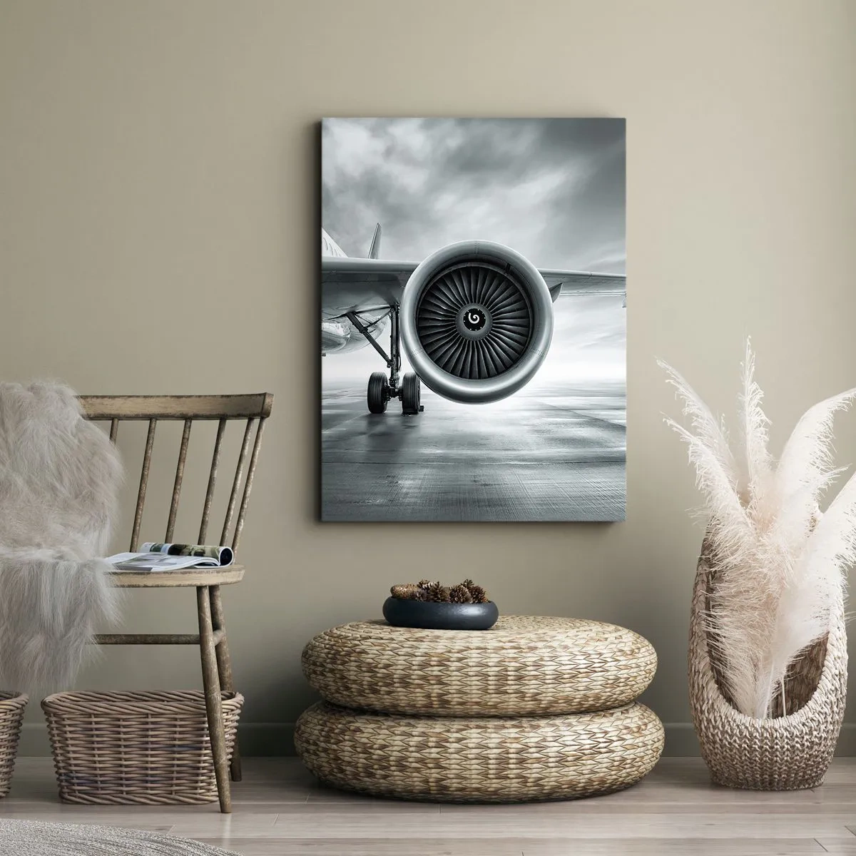 Cuadro sobre lienzo - Impresión de Imagen - El motor a reacción de un avión en la pista - 70x100cm - Hay poder - Decoración de pared moderna para salón y dormitorio ARTTOR