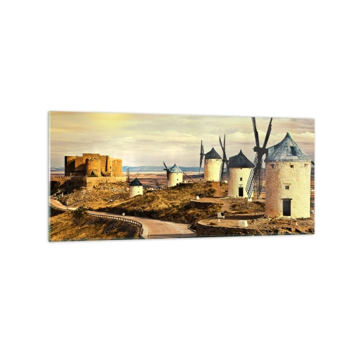 Cuadro sobre vidrio - Impresiones sobre Vidrio - Molinos de viento en las colinas con un castillo histórico al fondo - 120x50cm - Don Quijote los vio - Decoración de pared moderna para salón y dormitorio ARTTOR