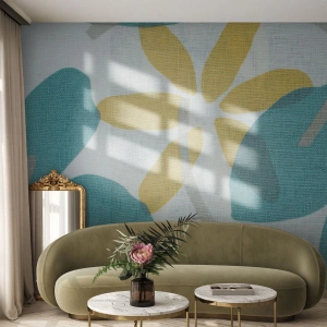 Fotomural Premium Sand - Hojas y flores de color amarillo azulado sobre un fondo claro - 100x70cm - Entre hojas azules - Decoración de pared moderna para salón y dormitorio ARTTOR