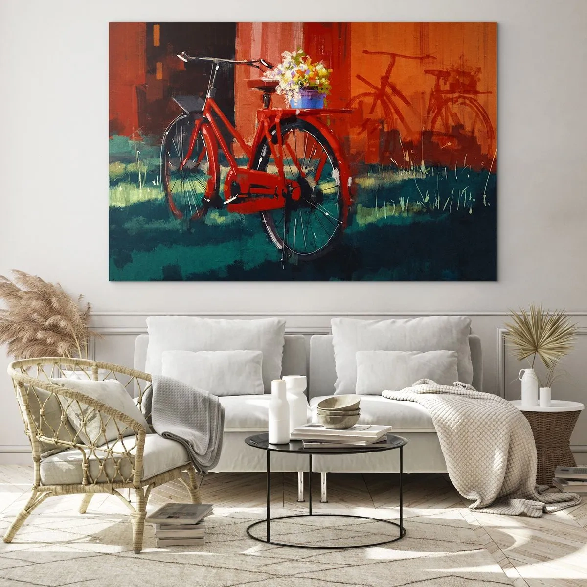 Cuadro sobre vidrio - Impresiones sobre Vidrio - Una bicicleta roja con flores delante de un edificio rojo. - 70x50cm - Quiero ir en bicicleta - Decoración de pared moderna para salón y dormitorio ARTTOR