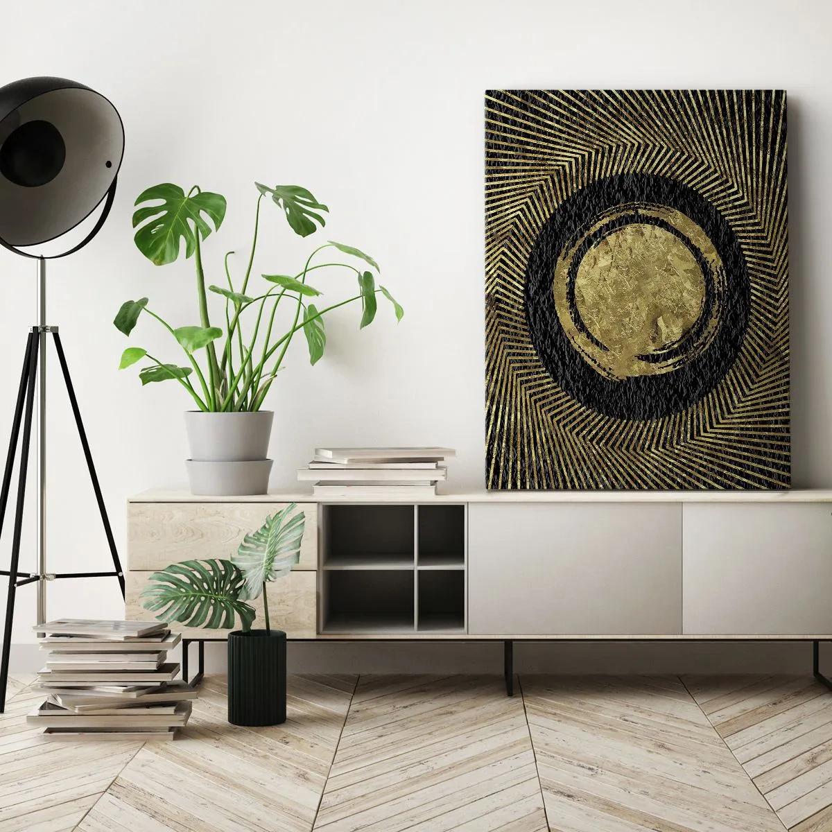 Cuadro sobre lienzo - Impresión de Imagen - Composición geométrica en negro y dorado con rayos. - 50x70cm - Composición glamour - Decoración de pared moderna para salón y dormitorio ARTTOR
