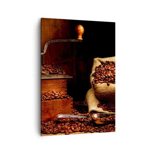 Cuadro sobre lienzo - Impresión de Imagen - Un antiguo molinillo de café con granos y una bolsa en estilo rústico. - 50x70cm - Bodegón con granos de café y molinillo - Decoración de pared moderna para salón y dormitorio ARTTOR
