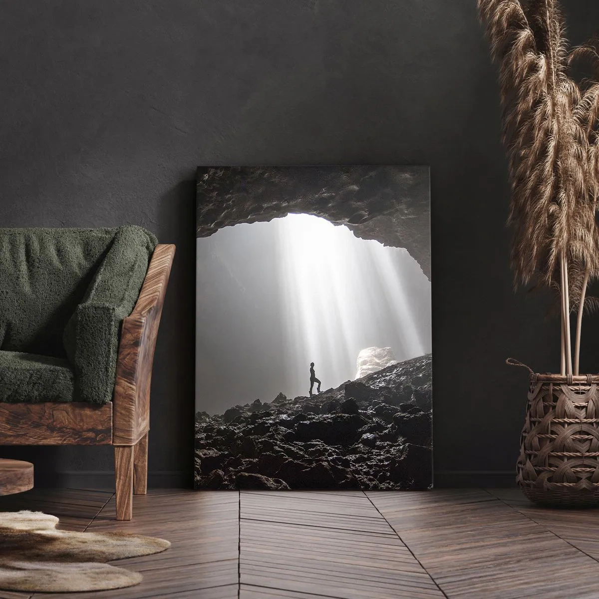 Cuadro sobre lienzo - Impresión de Imagen - Una figura en una cueva iluminada por rayos de luz. - 70x100cm - Gruta luminosa - Decoración de pared moderna para salón y dormitorio ARTTOR