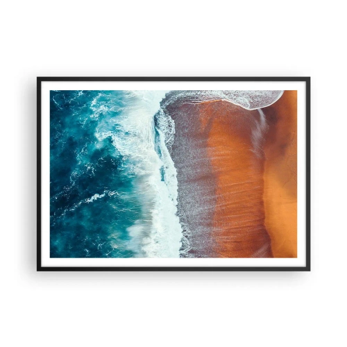 Póster en marco negro - Una vista de las olas del océano rompiendo en la playa dorada. - 100x70cm - Un toque de océano - Decoración de pared moderna para salón y dormitorio ARTTOR