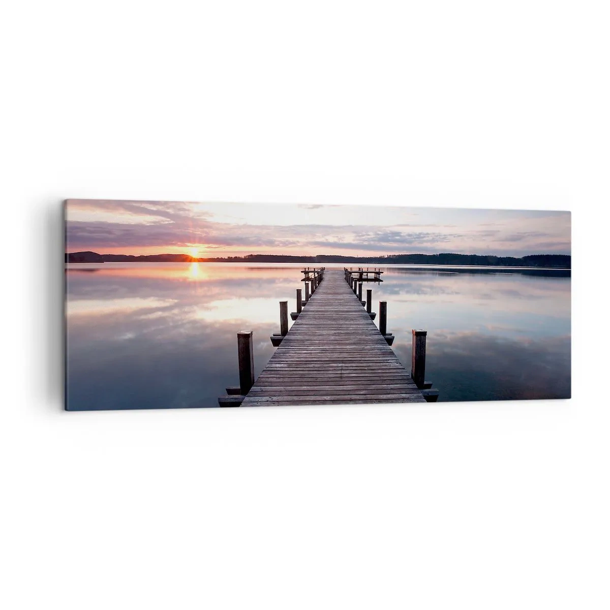 Cuadro sobre lienzo - Impresión de Imagen - Un muelle en un lago al atardecer en un paisaje tranquilo. - 140x50cm - Frontera silenciosa del día y la noche - Decoración de pared moderna para salón y dormitorio ARTTOR