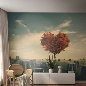 Fotomural Premium Sand - Un árbol en forma de corazón entre los troncos talados. - 100x70cm - Todavía hay esperanza - Decoración de pared moderna para salón y dormitorio ARTTOR