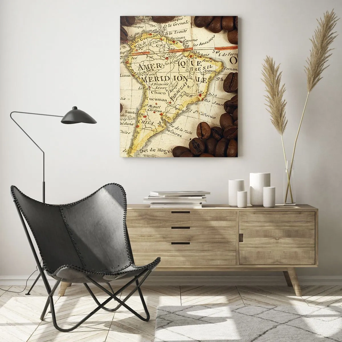 Cuadro sobre vidrio - Impresiones sobre Vidrio - Un mapa de Sudamérica rodeado de granos de café. - 80x120cm - ¿De dónde viene el mejor café? - Decoración de pared moderna para salón y dormitorio ARTTOR