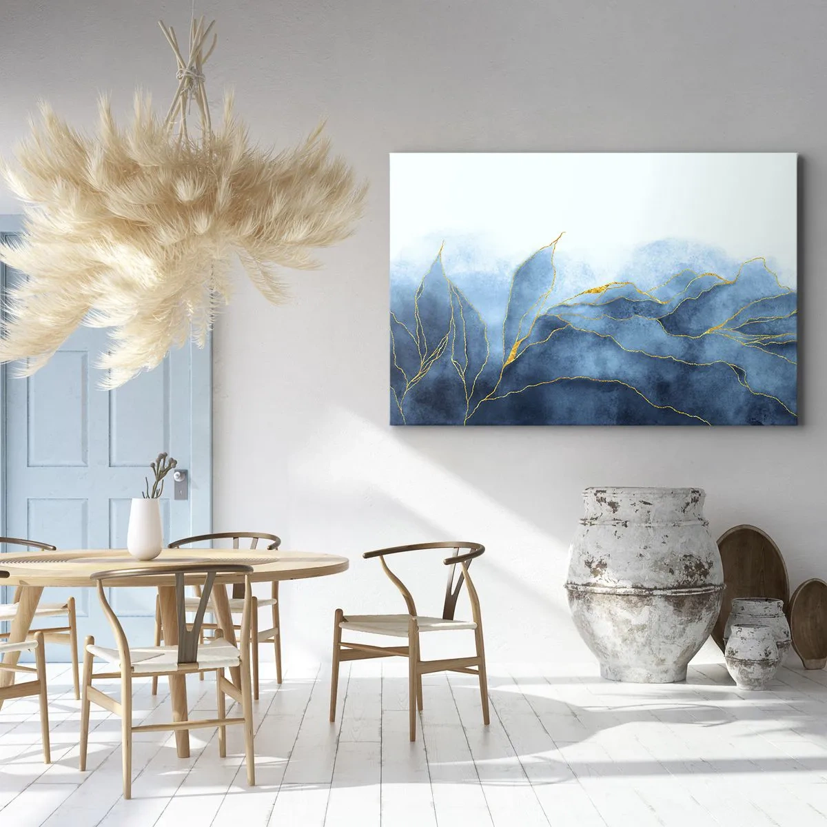 Cuadro sobre lienzo - Impresión de Imagen - Ondas abstractas en tonos azules con acentos dorados. - 70x50cm - Oro y azul - Decoración de pared moderna para salón y dormitorio ARTTOR