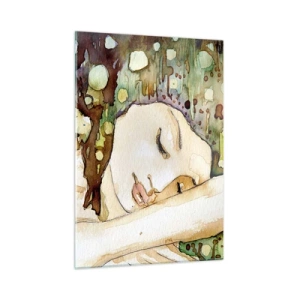 Cuadro sobre vidrio - Impresiones sobre Vidrio - Una mujer dormida en una pintura artística de acuarela en colores cálidos. - 50x70cm - Sueño esmeralda y violeta - Decoración de pared moderna para salón y dormitorio ARTTOR