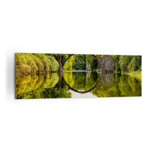 Cuadro sobre lienzo - Impresión de Imagen - Un puente de piedra sobre un río con un reflejo perfecto en el agua. - 160x50cm - En el punto de encuentro de dos mundos - Decoración de pared moderna para salón y dormitorio ARTTOR