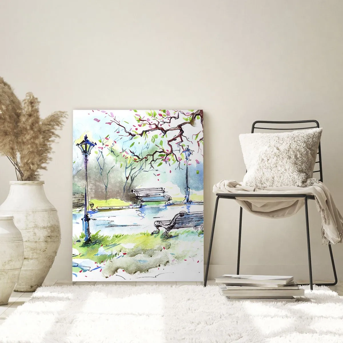 Cuadro sobre vidrio - Impresiones sobre Vidrio - Pintura de acuarela de una escena de parque con bancos y faroles. - 50x70cm - El encanto del silencio del parque - Decoración de pared moderna para salón y dormitorio ARTTOR