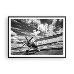 Póster en marco negro - Un avión antiguo en el aeropuerto en blanco y negro. - 100x70cm - No puedo esperar - Decoración de pared moderna para salón y dormitorio ARTTOR
