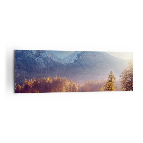 Cuadro sobre lienzo - Impresión de Imagen - Vista pintoresca del bosque de montaña y el lago al amanecer. - 160x50cm - Entre las montañas y los valles - Decoración de pared moderna para salón y dormitorio ARTTOR