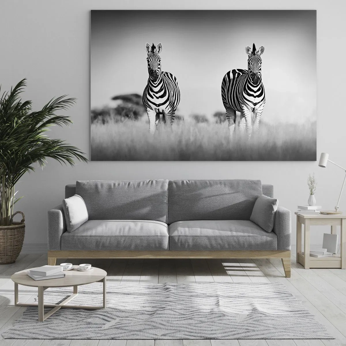 Cuadro sobre vidrio - Impresiones sobre Vidrio - Una pareja de cebras sobre un fondo de hierba blanco y negro, representadas en su hábitat natural. - 100x70cm - Resulta que el mundo es blanco y negro - Decoración de pared moderna para salón y dormitorio A