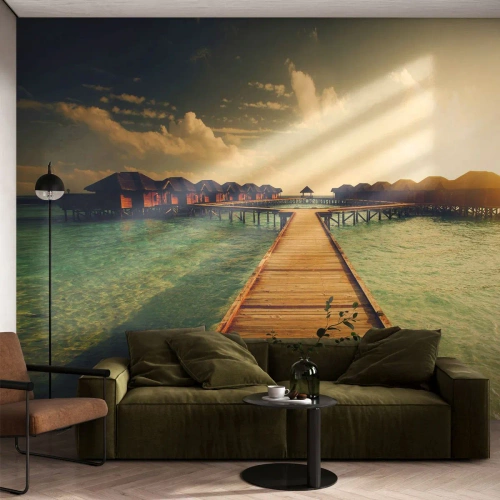 Fotomural Premium Sand - Una cálida invitación - Maldivas, Paisaje, Casas en el agua - 450x315 cm
