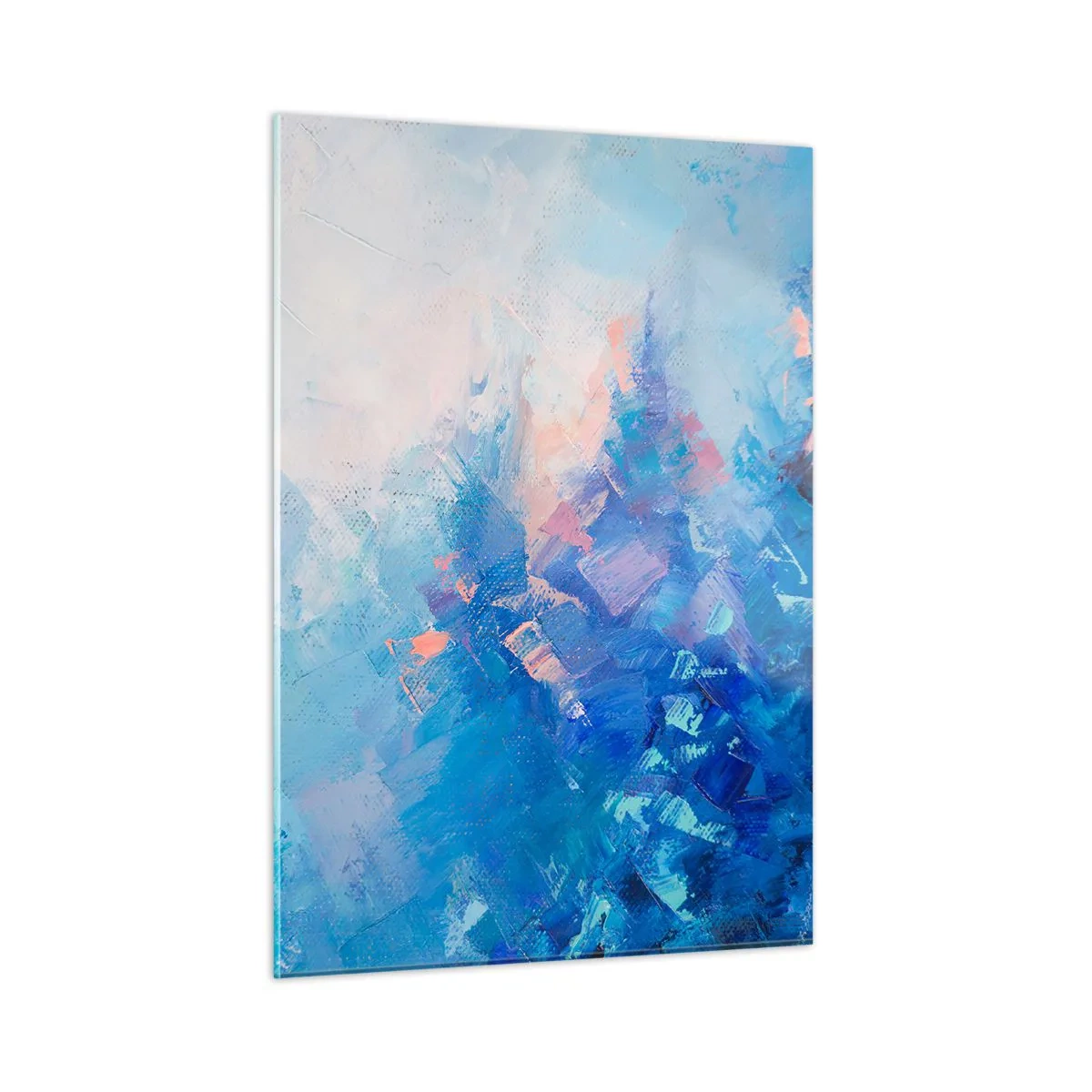 Cuadro sobre vidrio - Impresiones sobre Vidrio - Paisaje invernal abstracto con azules fríos y tonos rosados suaves. - 50x70cm - Abstracción invernal - Decoración de pared moderna para salón y dormitorio ARTTOR