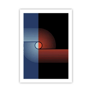 Póster - Composición geométrica con lineas en color azul marino y naranja. - 50x70cm - En un abrazo geométrico - Decoración de pared moderna para salón y dormitorio ARTTOR
