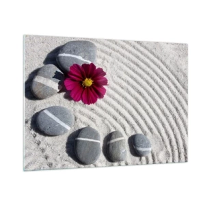 Cuadro sobre vidrio - Impresiones sobre Vidrio - Piedras con rayas blancas y una flor morada sobre la arena en estilo zen. - 100x70cm - Energía y paz del círculo mágico de la naturaleza - Decoración de pared moderna para salón y dormitorio ARTTOR