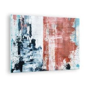 Cuadro sobre vidrio - Impresiones sobre Vidrio - Una combinación abstracta de azul y rojo oxidado. - 70x50cm - Mitad abstracción, mitad abstracción - Decoración de pared moderna para salón y dormitorio ARTTOR