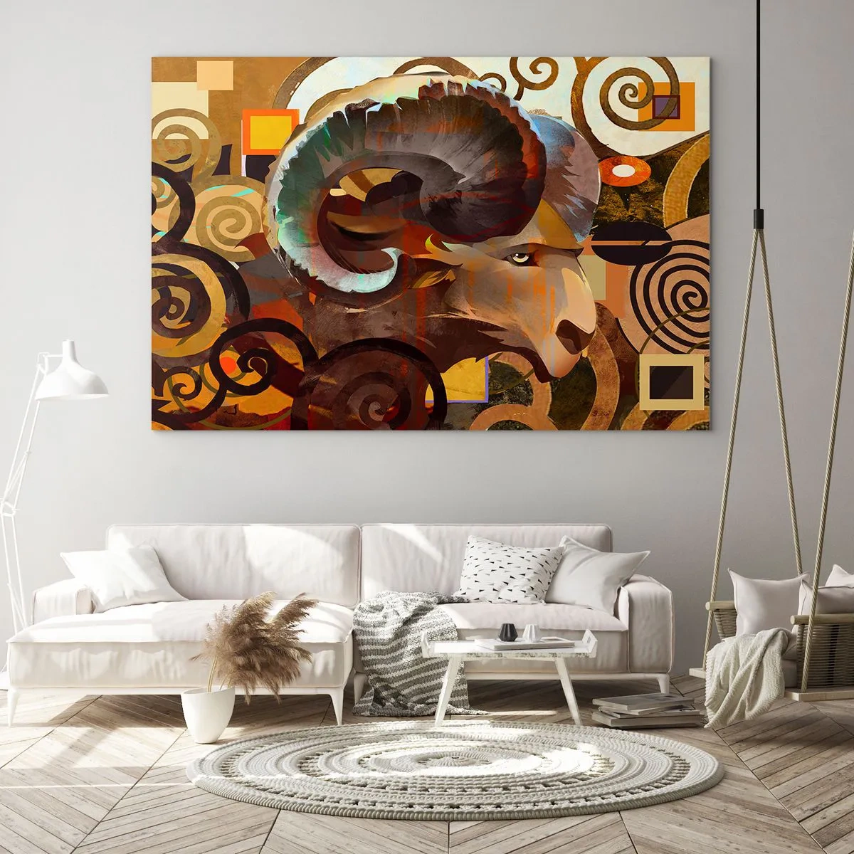 Cuadro sobre vidrio - Impresiones sobre Vidrio - Una imagen artística de un carnero en una composición geométrica y espiral. - 70x50cm - Magia - religiones - rituales - Decoración de pared moderna para salón y dormitorio ARTTOR