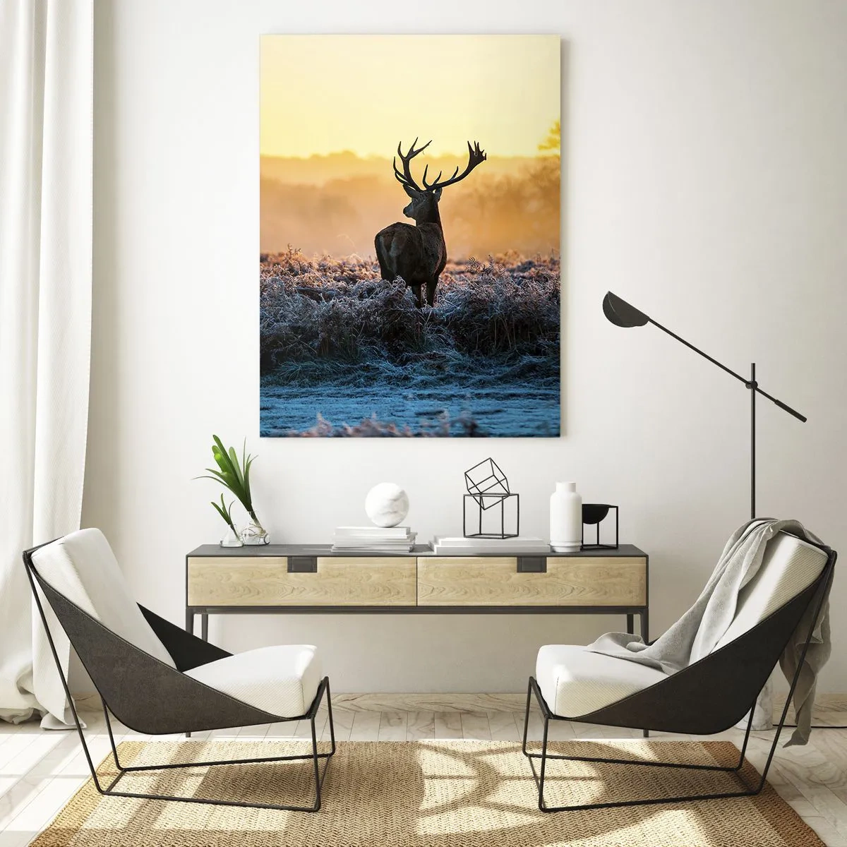 Cuadro sobre vidrio - Impresiones sobre Vidrio - Ciervos en una mañana helada con el amanecer de fondo - 50x70cm - Coronado en sus propios dominios - Decoración de pared moderna para salón y dormitorio ARTTOR