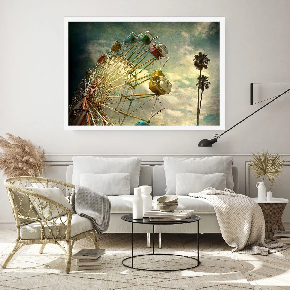 Póster - Fotografía retro de una noria con palmeras contra el cielo. - 100x70cm - Será, será un día estupendo.... - Decoración de pared moderna para salón y dormitorio ARTTOR