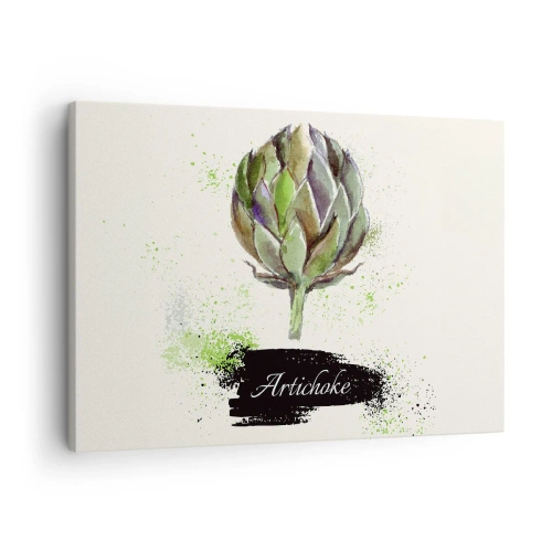 Cuadro sobre lienzo - Impresión de Imagen - Alcachofa de acuarela con texto sobre un fondo claro con acentos verdes. - 70x50cm - El sabor del otoño - Decoración de pared moderna para salón y dormitorio ARTTOR
