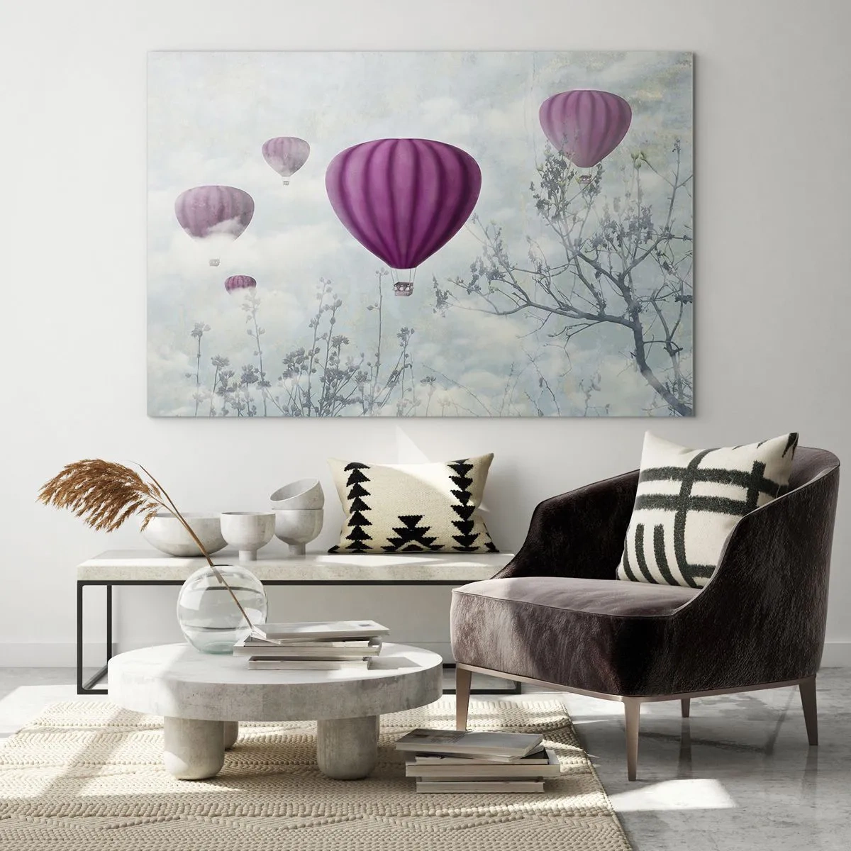 Cuadro sobre vidrio - Impresiones sobre Vidrio - Globos morados flotando entre las nubes y las ramas de los árboles. - 120x80cm - Surcando los cielos - Decoración de pared moderna para salón y dormitorio ARTTOR