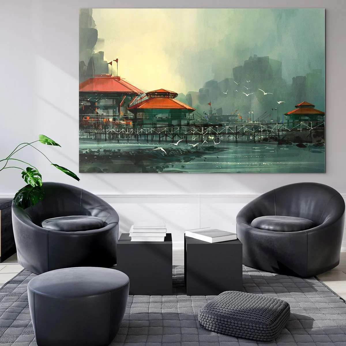 Cuadro sobre vidrio - Impresiones sobre Vidrio - Edificios portuarios con tejados rojos contra la niebla - 120x80cm - Un día soleado en el puerto - Decoración de pared moderna para salón y dormitorio ARTTOR