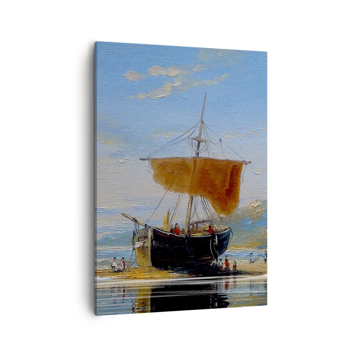Cuadro sobre lienzo - Impresión de Imagen - Un barco en la orilla del mar en un día soleado. - 50x70cm - Agua, tierra, aire - Decoración de pared moderna para salón y dormitorio ARTTOR