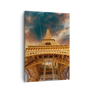 Cuadro sobre lienzo - Impresión de Imagen - La Torre Eiffel desde abajo con el sol poniente como telón de fondo - 50x70cm - Mientras la humanidad alcanza el cielo - Decoración de pared moderna para salón y dormitorio ARTTOR