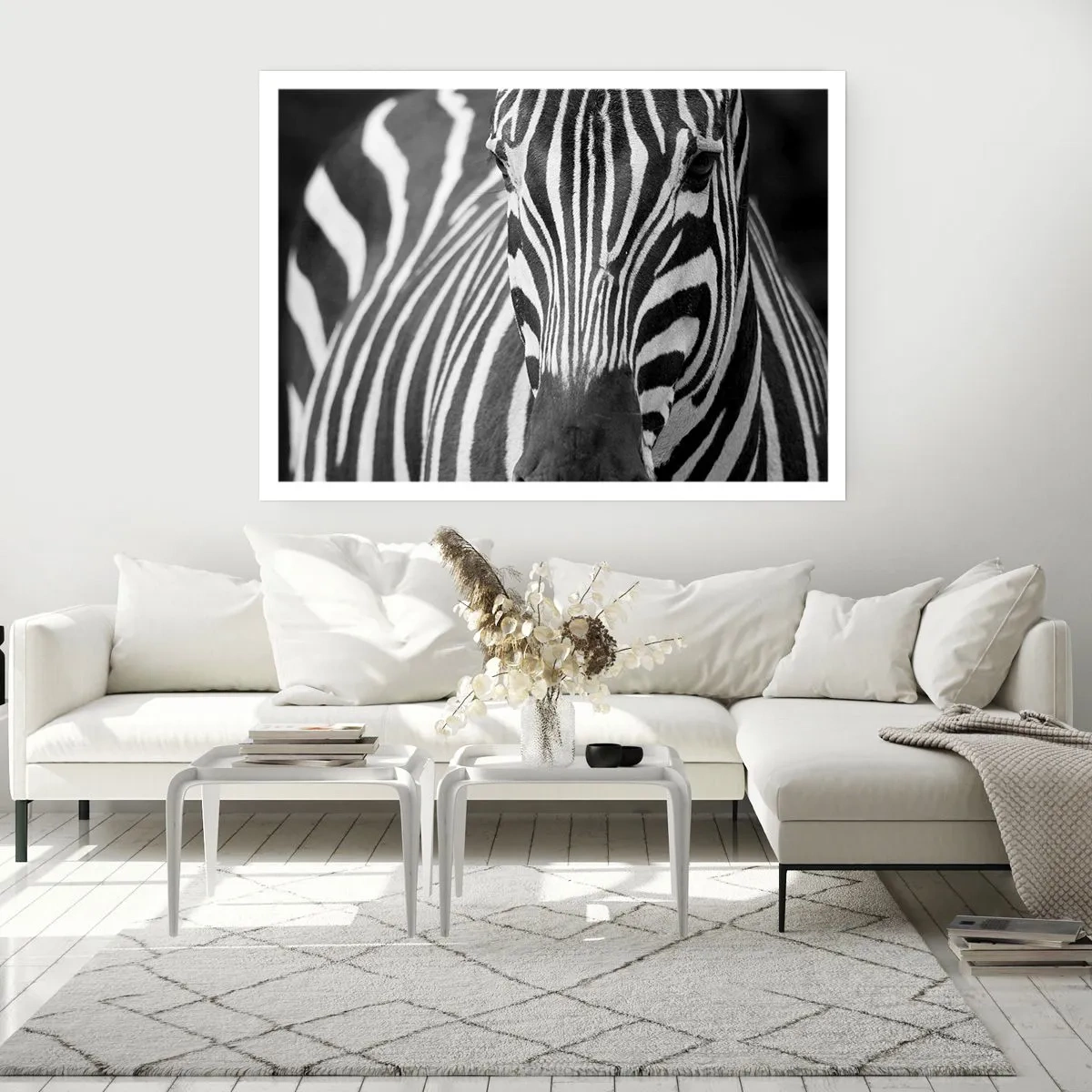 Póster - Un primer plano en blanco y negro de una cebra con sus distintivas rayas. - 100x70cm - El mundo es blanco y negro - Decoración de pared moderna para salón y dormitorio ARTTOR