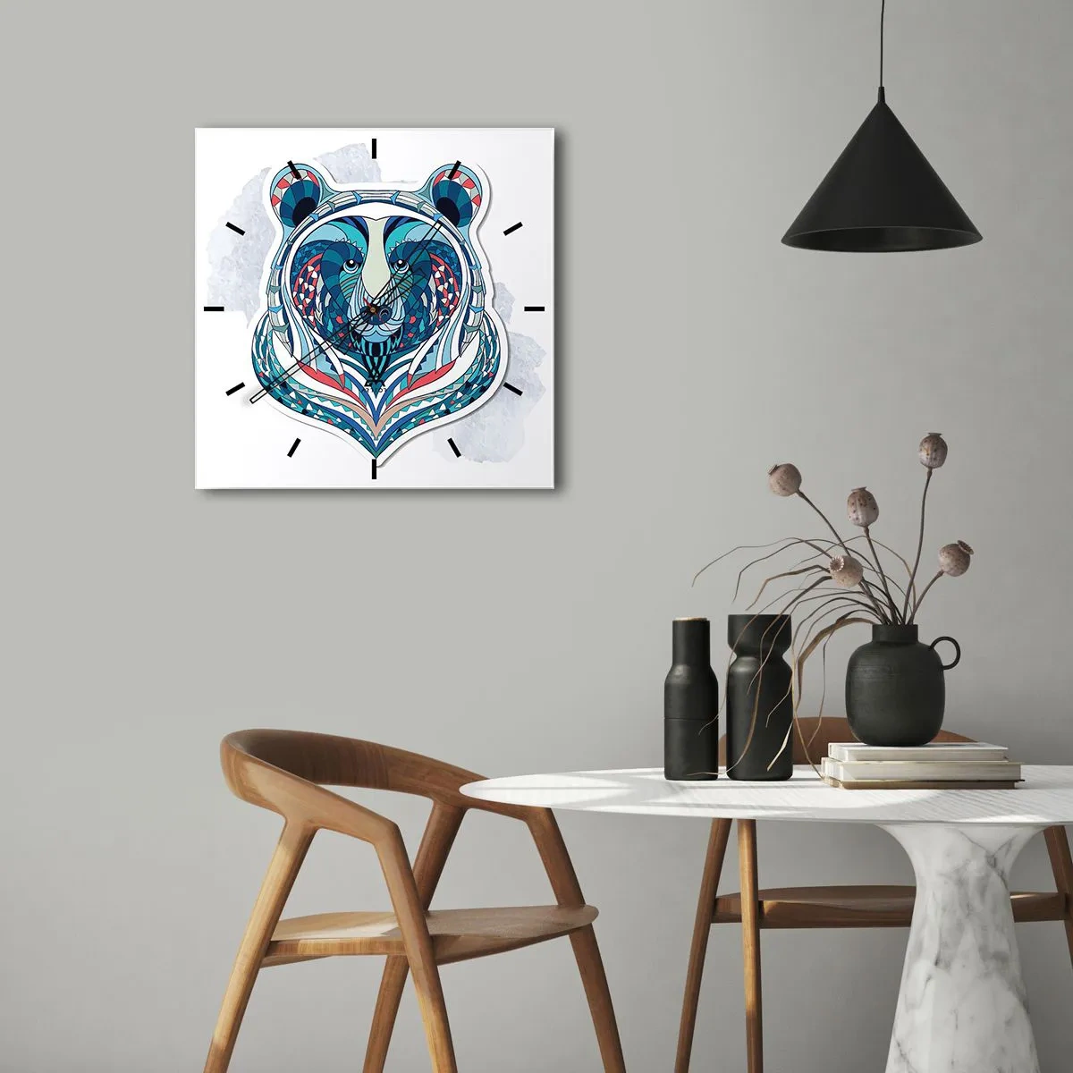 Reloj de pared - Reloj de vidrio - Oso geométrico en tonos azules y rojos. - 30x30cm - ¡Viva Groenlandia! - Decoración de pared moderna para salón y dormitorio ARTTOR