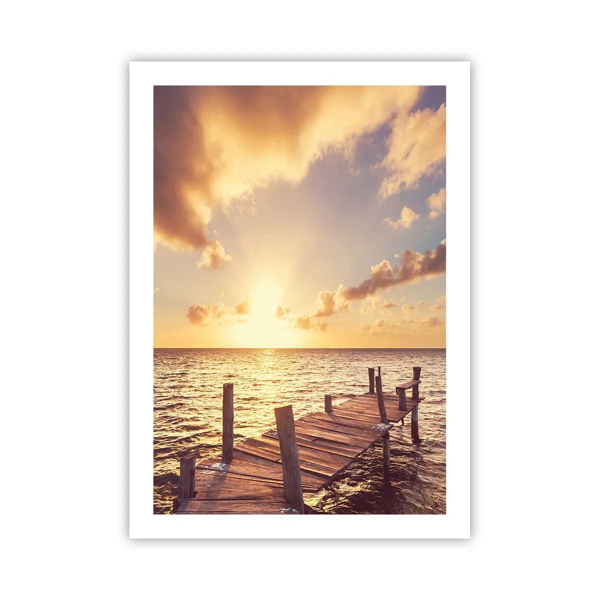 Póster - Muelle de madera frente al mar al atardecer - 50x70cm - Una tierra dorada de dulzura - Decoración de pared moderna para salón y dormitorio ARTTOR