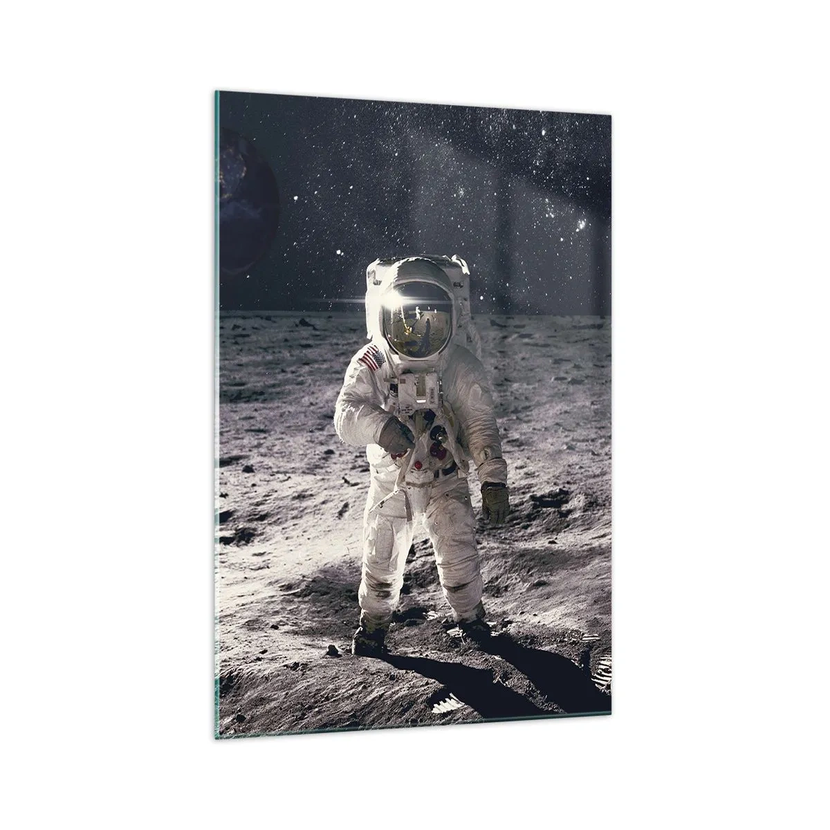 Cuadro sobre vidrio - Impresiones sobre Vidrio - Astronauta en la superficie de la Luna con la Tierra al fondo - 70x100cm - Saludos desde la Luna - Decoración de pared moderna para salón y dormitorio ARTTOR