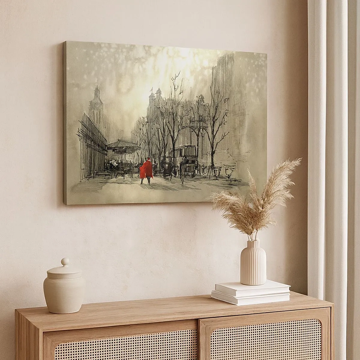Cuadro sobre lienzo - Impresión de Imagen - Una figura roja en un entorno urbano nostálgico - 70x50cm - Cita en la niebla de Londres - Decoración de pared moderna para salón y dormitorio ARTTOR