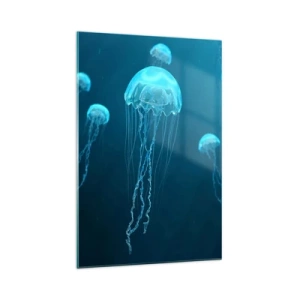 Cuadro sobre vidrio - Impresiones sobre Vidrio - Medusas flotando en las profundidades del océano en tonos azules. - 70x100cm - Danza oceánica - Decoración de pared moderna para salón y dormitorio ARTTOR