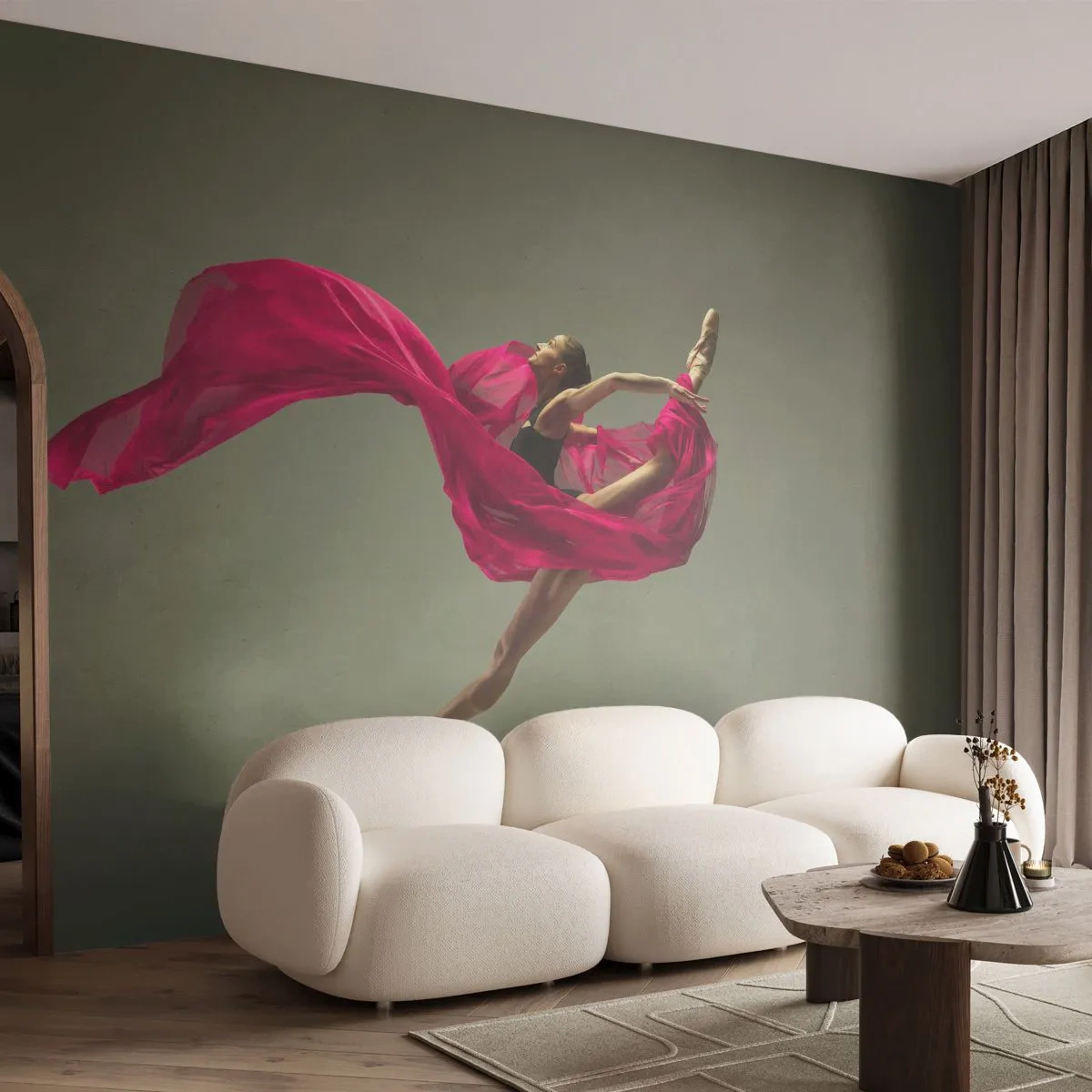 Fotomural Premium Sand - Una bailarina en vuelo con tela rosa ondeando - 100x70cm - Llama danzante - Decoración de pared moderna para salón y dormitorio ARTTOR