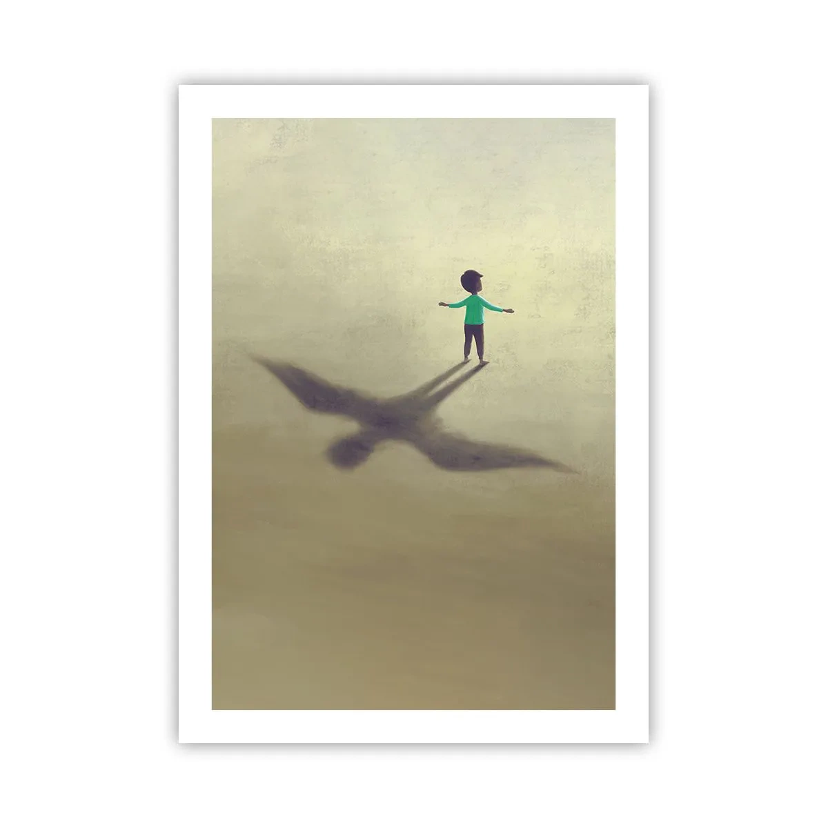Póster - Un niño con la sombra de un pájaro contra un cielo pastel. - 50x70cm - Héroe del futuro - Decoración de pared moderna para salón y dormitorio ARTTOR
